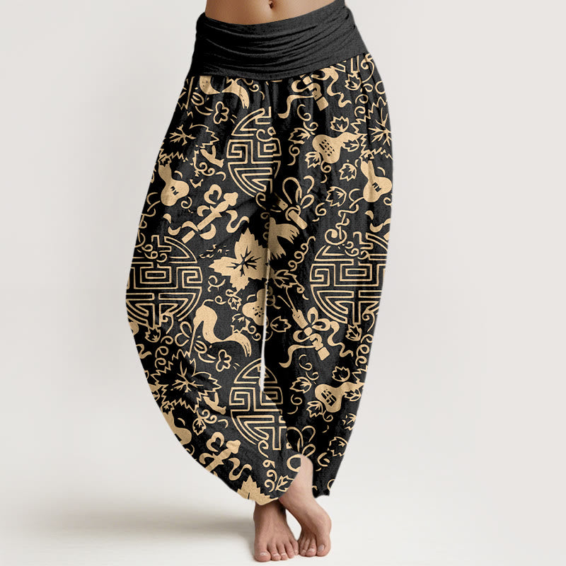 Pantaloni harem da donna con elastico in vita, in puro cotone, con motivo cinese a zucca Buddha Stones - Nero - US16, UK/AU20, EU48 (3XL) - image 0