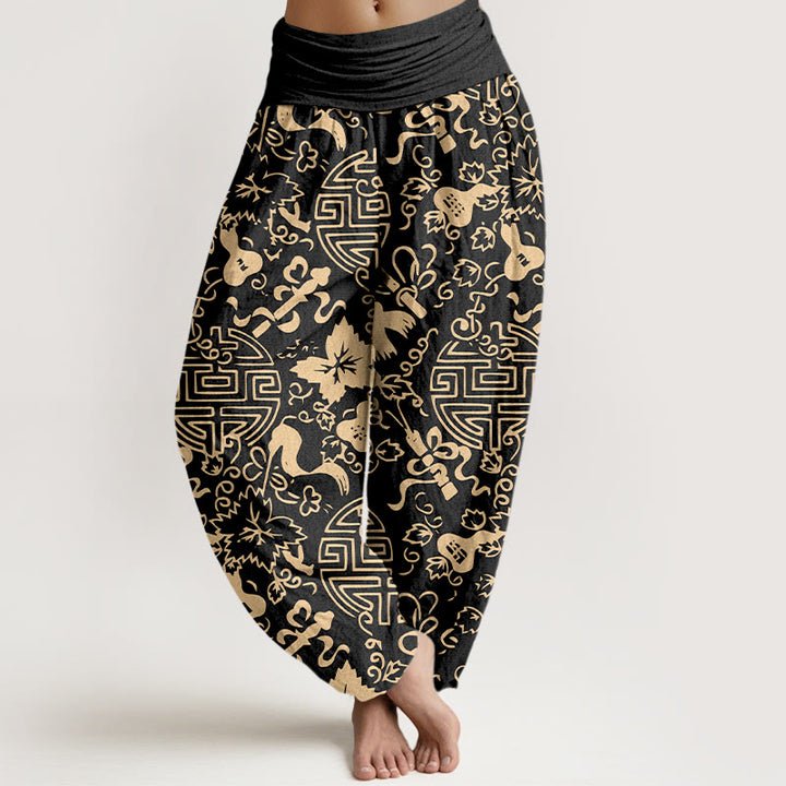 Pantaloni harem da donna con elastico in vita, in puro cotone, con motivo cinese a zucca Buddha Stones - Nero - US16, UK/AU20, EU48 (3XL) - image 0