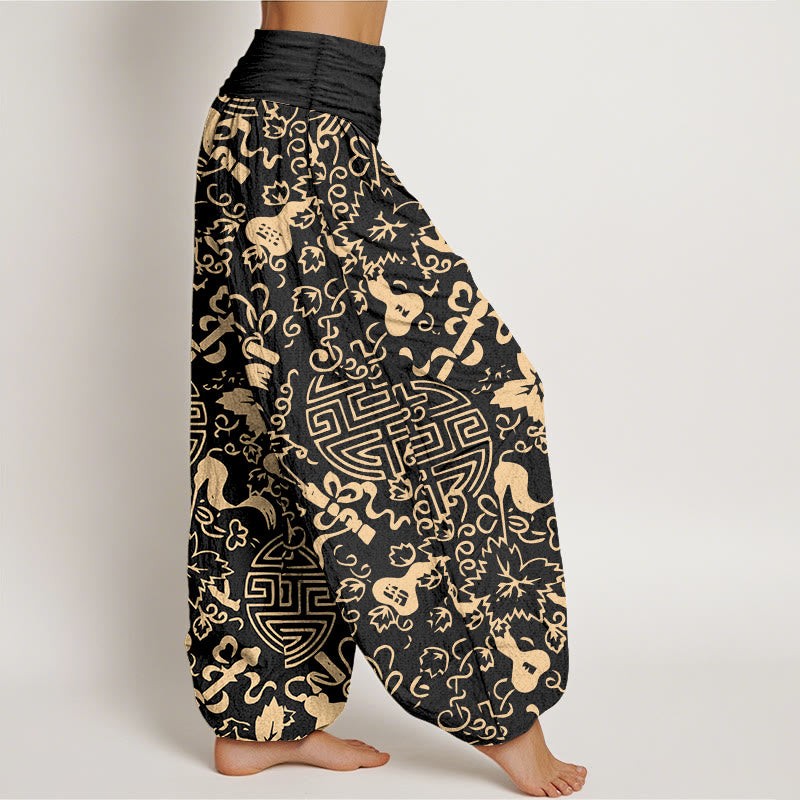 Pantaloni harem da donna con elastico in vita, in puro cotone, con motivo cinese a zucca Buddha Stones - image 2