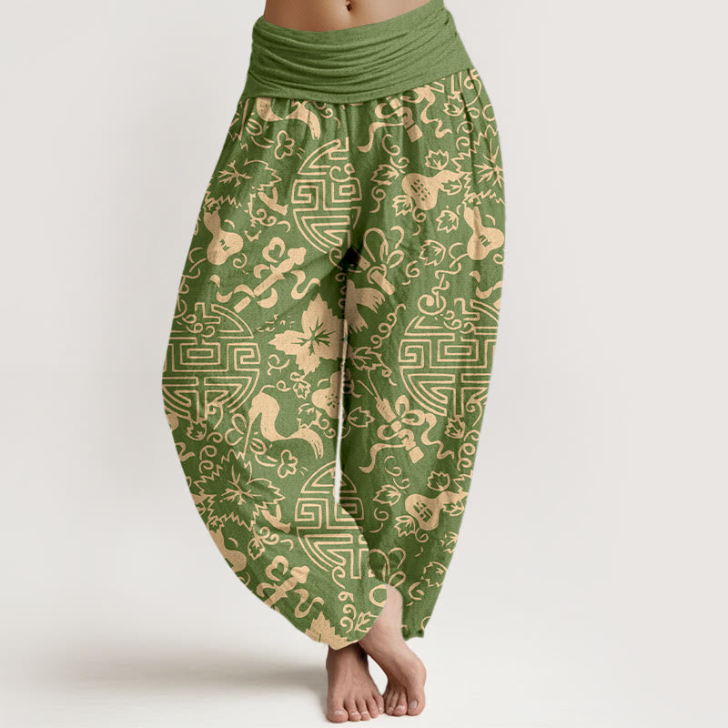 Pantaloni harem da donna con elastico in vita, in puro cotone, con motivo cinese a zucca Buddha Stones - GialloVerde - US16, UK/AU20, EU48 (3XL) - image 5