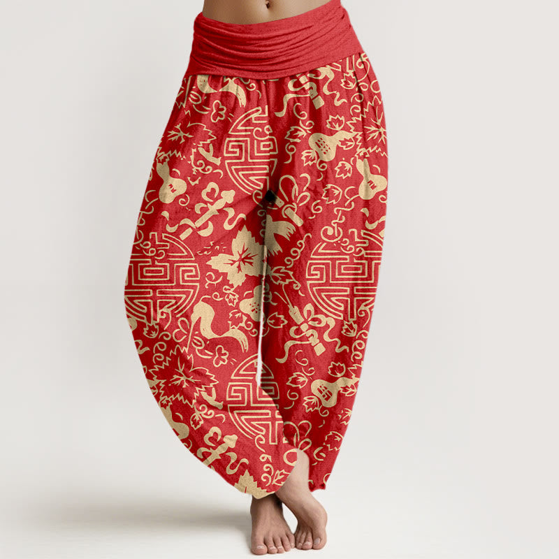 Pantaloni harem da donna con elastico in vita, in puro cotone, con motivo cinese a zucca Buddha Stones - Rosso - US16, UK/AU20, EU48 (3XL) - image 8