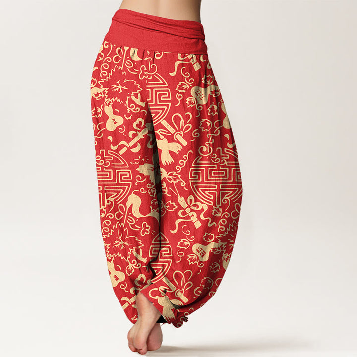 Pantaloni harem da donna con elastico in vita, in puro cotone, con motivo cinese a zucca Buddha Stones - image 9