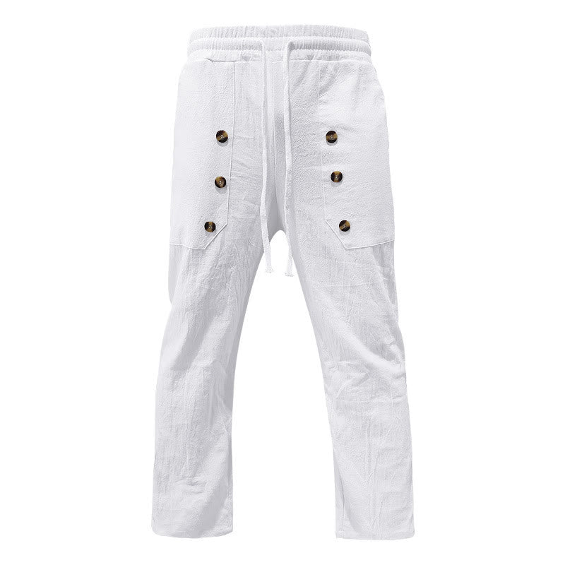 Pantaloni da uomo in cotone casual con bottoni in tinta unita e tasche Buddha Stones - Bianco - US/UK/AU46, EU56 (3XL) - image 0