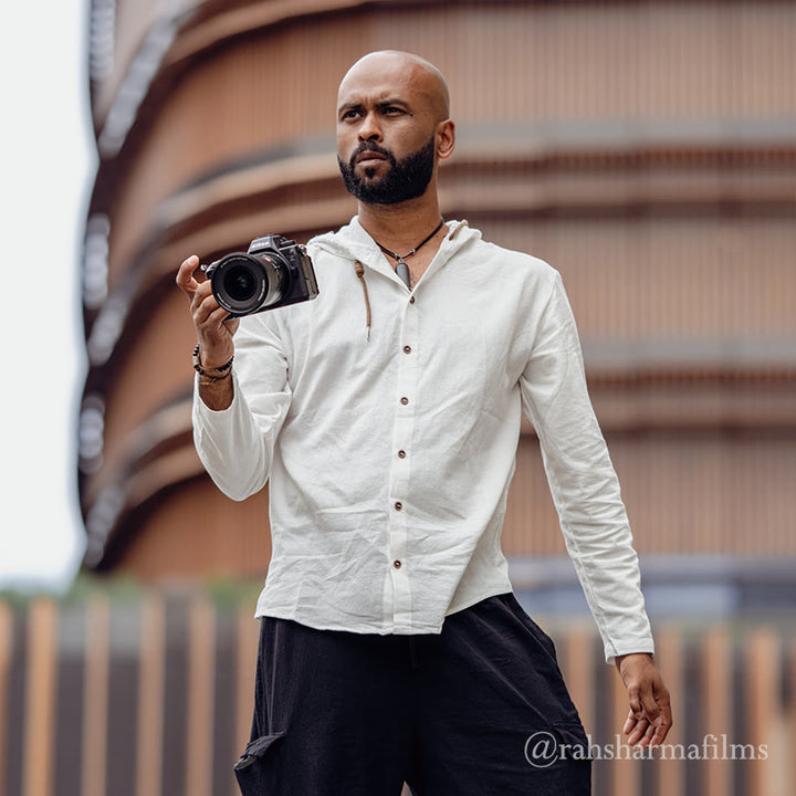 Camicia da uomo in cotone con cappuccio, coulisse, bottoni e maniche lunghe, tinta unita , Buddha Stones - image 5