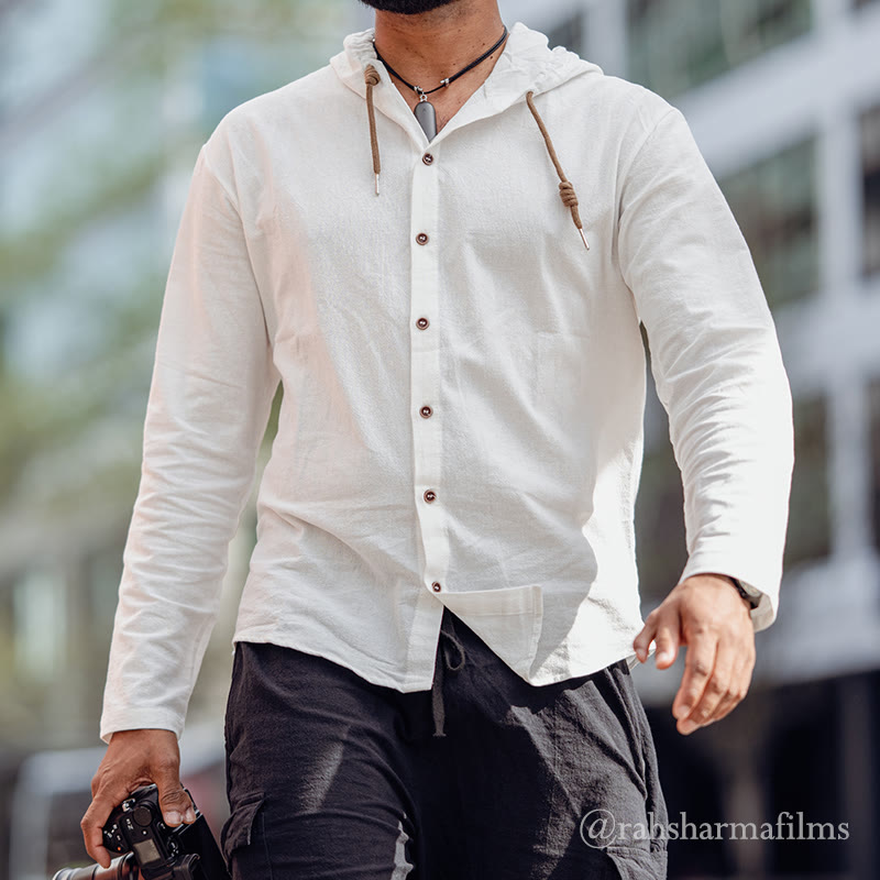 Camicia da uomo a maniche lunghe con cappuccio, coulisse e bottoni, tinta unita, con stampa Buddha Stones. - Bianco - US/UK/AU44，EU54 (3XL) - image 0