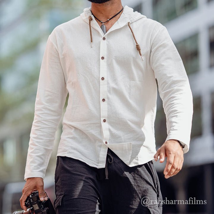 Camicia da uomo a maniche lunghe con cappuccio, coulisse e bottoni, tinta unita, con stampa Buddha Stones. - Bianco - US/UK/AU44，EU54 (3XL) - image 0