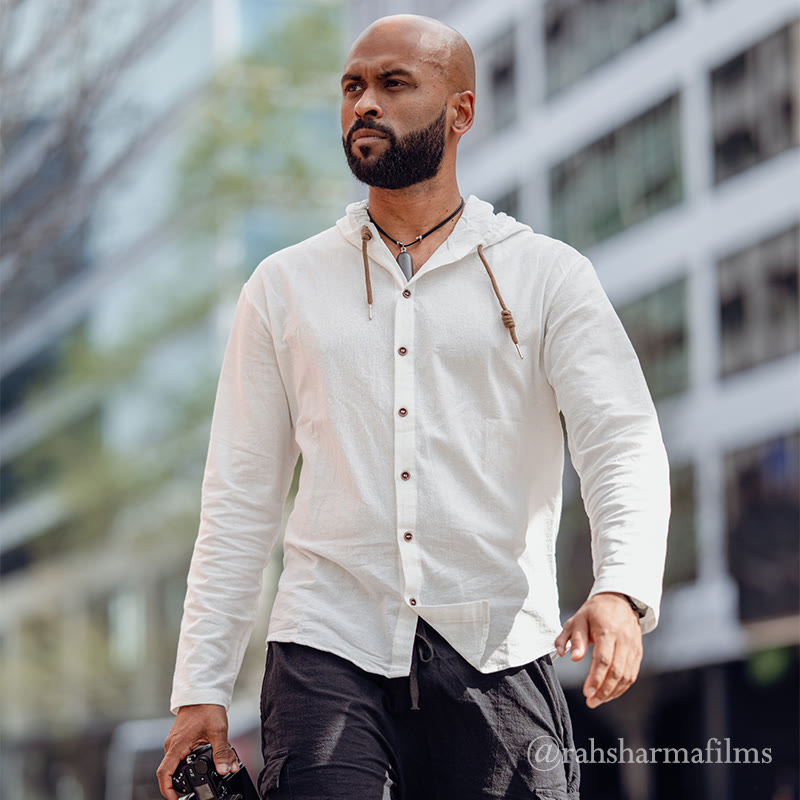 Camicia da uomo in cotone con cappuccio, coulisse, bottoni e maniche lunghe, tinta unita , Buddha Stones - image 2