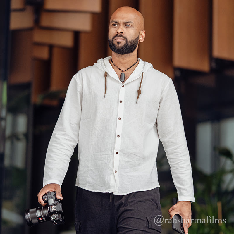 Camicia da uomo in lino con cappuccio, coulisse, bottoni, manica lunga, tinta unita, motivo Buddha Stones - image 3