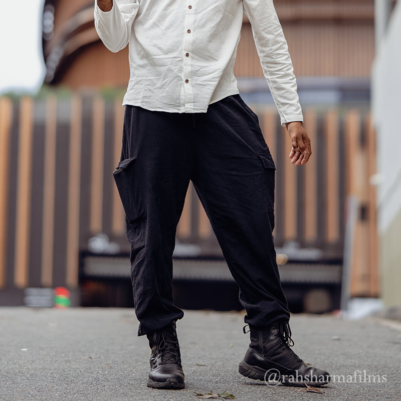 Pantaloni cargo da uomo in lino tinta unita con coulisse e tasche Buddha Stones - Nero - US/UK/AU46, EU56 (3XL) - image 0