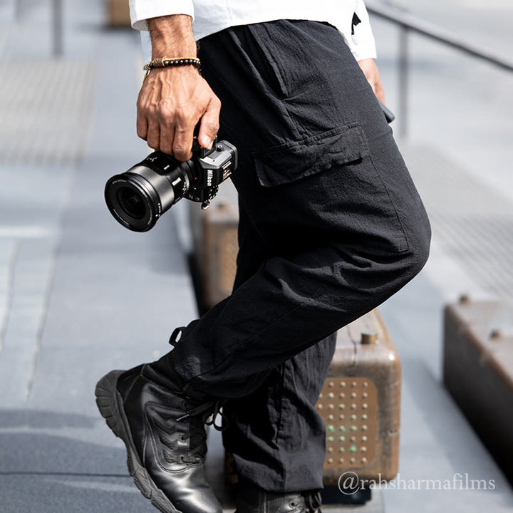 Pantaloni cargo da uomo in lino tinta unita con coulisse e tasche Buddha Stones - image 1