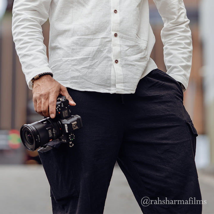 Pantaloni cargo da uomo in lino tinta unita con coulisse e tasche Buddha Stones - image 3