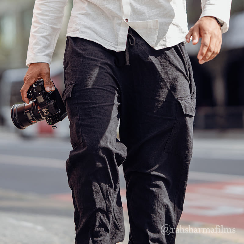 Pantaloni cargo da uomo in lino tinta unita con coulisse e tasche Buddha Stones - image 2