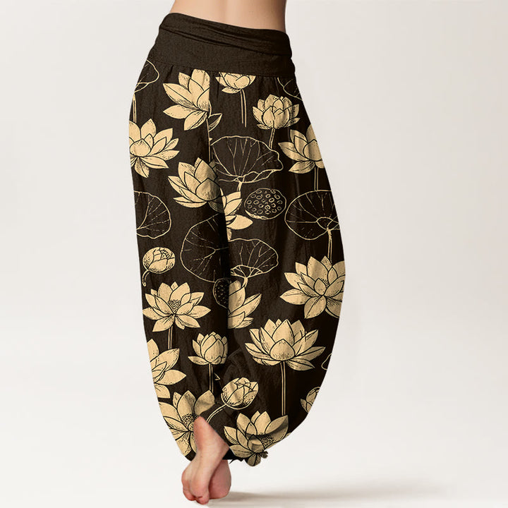 Pantaloni harem da donna con elastico in vita, motivo Buddha Stones Cotton Lotus Flowers Leaves Baccelli - image 1