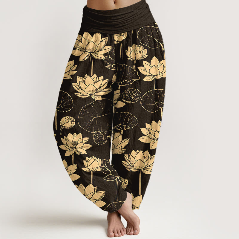Pantaloni harem da donna con elastico in vita, motivo Buddha Stones Cotton Lotus Flowers Leaves Baccelli - Nero - US16, UK/AU20, EU48 (3XL) - image 0