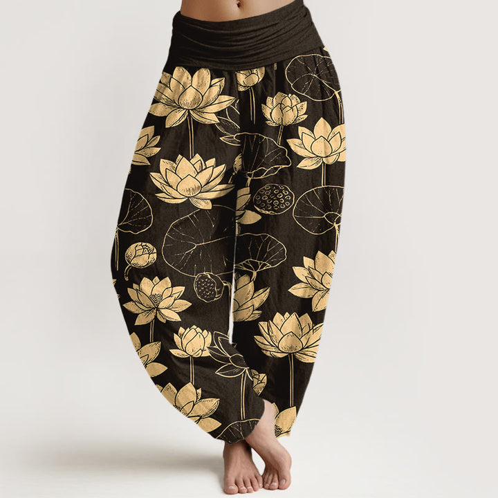 Pantaloni harem da donna con elastico in vita, motivo Buddha Stones Cotton Lotus Flowers Leaves Baccelli - Nero - US16, UK/AU20, EU48 (3XL) - image 0