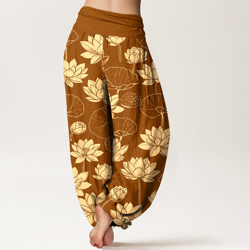 Pantaloni harem da donna con elastico in vita, motivo Buddha Stones Cotton Lotus Flowers Leaves Baccelli - image 6