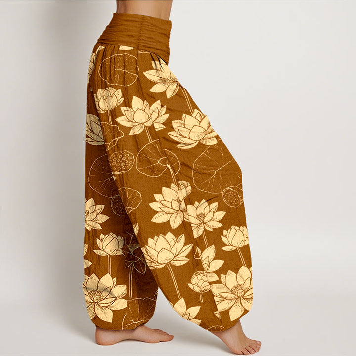 Pantaloni harem da donna con elastico in vita, motivo Buddha Stones Cotton Lotus Flowers Leaves Baccelli - image 7