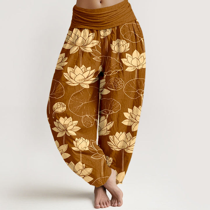 Pantaloni harem da donna con elastico in vita, motivo Buddha Stones Cotton Lotus Flowers Leaves Baccelli - Cioccolato - US16, UK/AU20, EU48 (3XL) - image 5