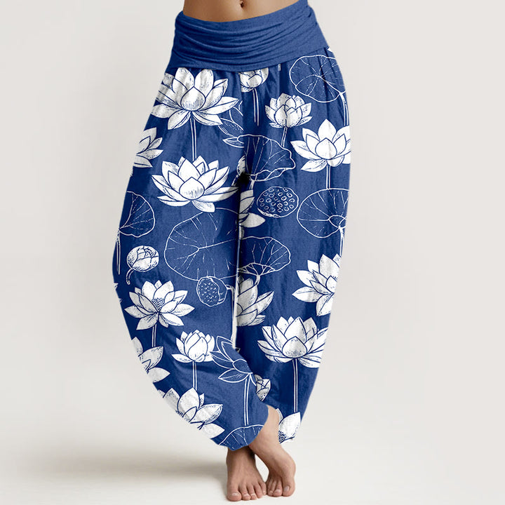 Pantaloni harem da donna con elastico in vita, motivo Buddha Stones Cotton Lotus Flowers Leaves Baccelli - Blu Reale - US16, UK/AU20, EU48 (3XL) - image 8