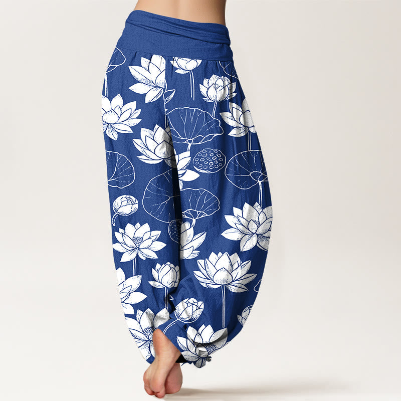 Pantaloni harem da donna con elastico in vita, motivo Buddha Stones Cotton Lotus Flowers Leaves Baccelli - image 9