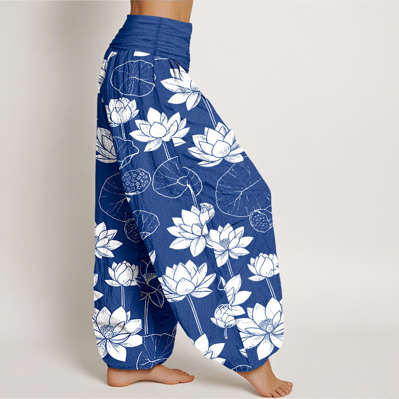 Pantaloni harem da donna con elastico in vita, motivo Buddha Stones Cotton Lotus Flowers Leaves Baccelli - image 10