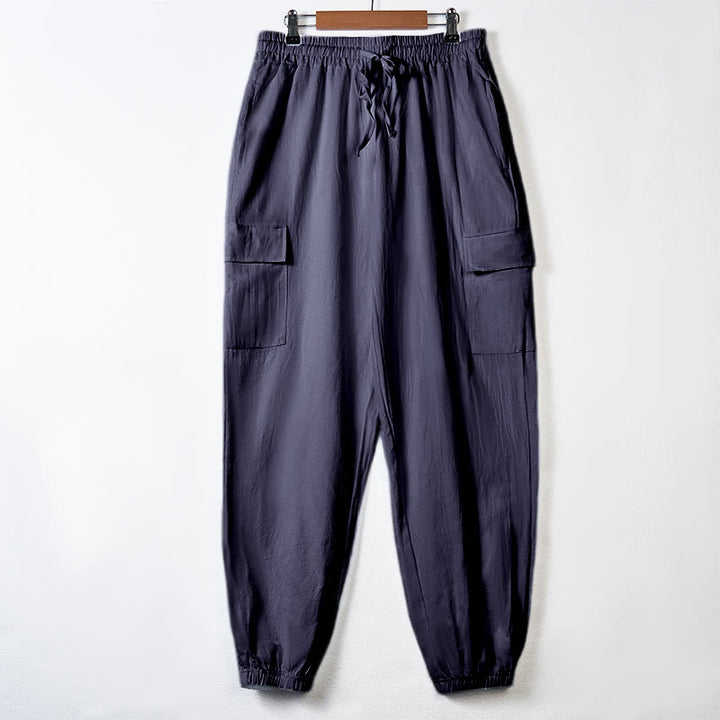 Pantaloni cargo da uomo in lino tinta unita con coulisse e tasche Buddha Stones - SteelBlue - US/UK/AU46, EU56 (3XL) - image 27