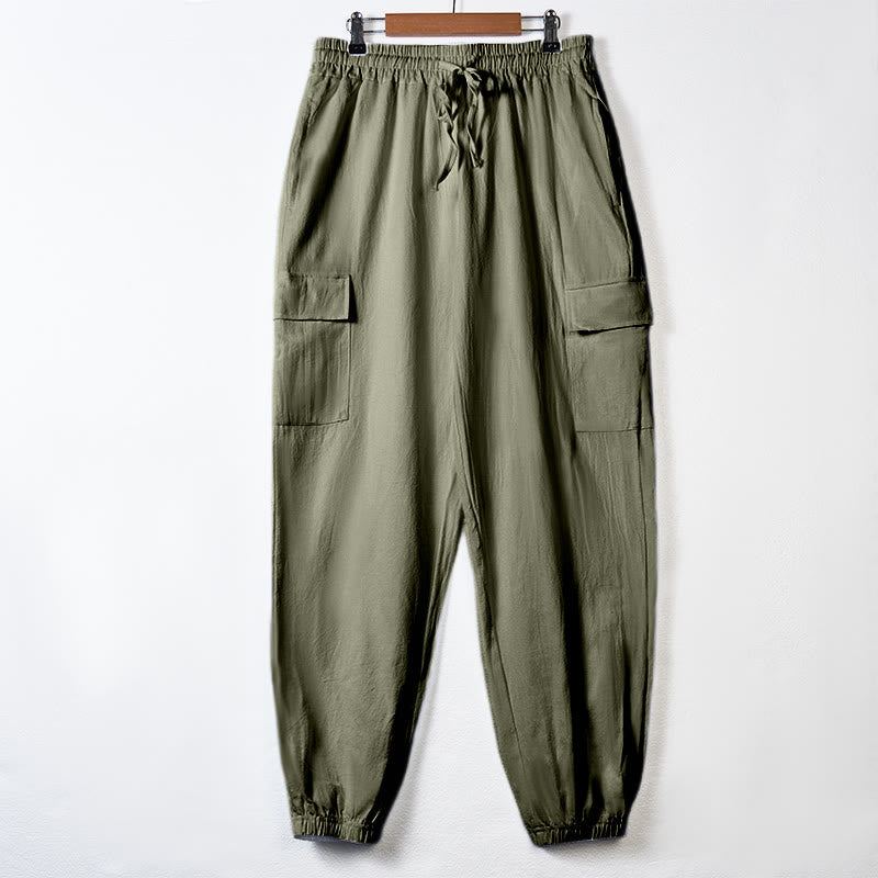 Pantaloni cargo da uomo in lino tinta unita con coulisse e tasche Buddha Stones - DarkSeaGreen - US/UK/AU46, EU56 (3XL) - image 28