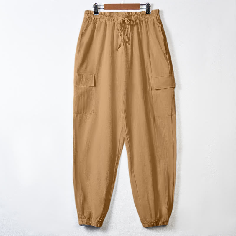 Pantaloni cargo da uomo in lino tinta unita con coulisse e tasche Buddha Stones - SandyBrown - US/UK/AU46, EU56 (3XL) - image 29