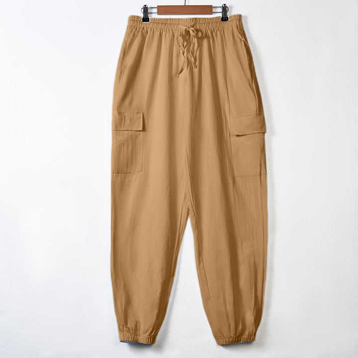 Pantaloni cargo da uomo in lino tinta unita con coulisse e tasche Buddha Stones - SandyBrown - US/UK/AU46, EU56 (3XL) - image 30