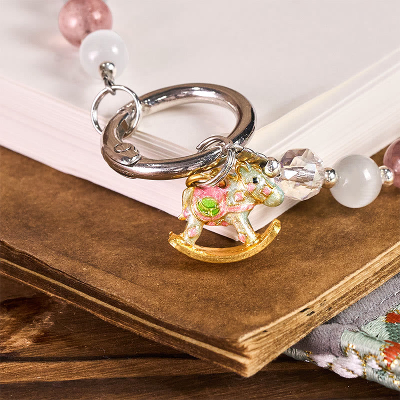 Buddha Stones Anno del Cavallo Quarzo Fragola Occhio di Gatto Bianco Portachiavi Decorazione da Appendere al Telefono - image 1