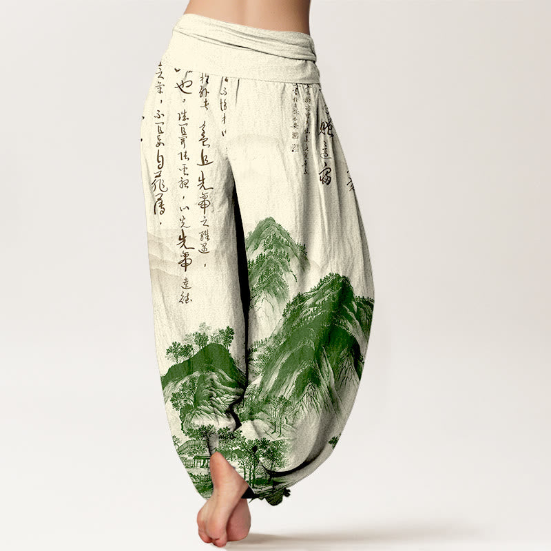 Pantaloni harem da donna con elastico in vita, in puro Buddha Stones, con calligrafia cinese e pittura di paesaggio - image 1