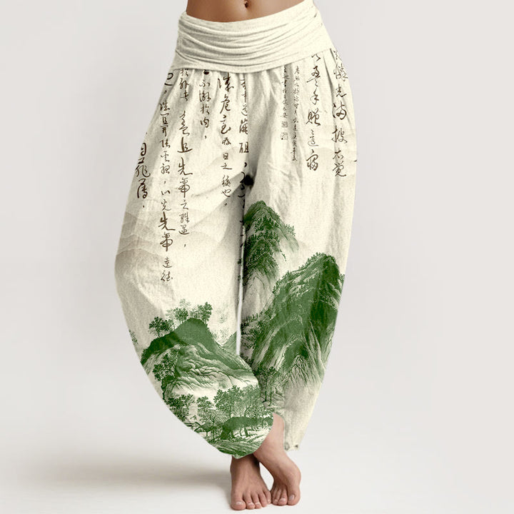 Pantaloni harem da donna con elastico in vita, in puro Buddha Stones, con calligrafia cinese e pittura di paesaggio - Beige - US16, UK/AU20, EU48 (3XL) - image 0