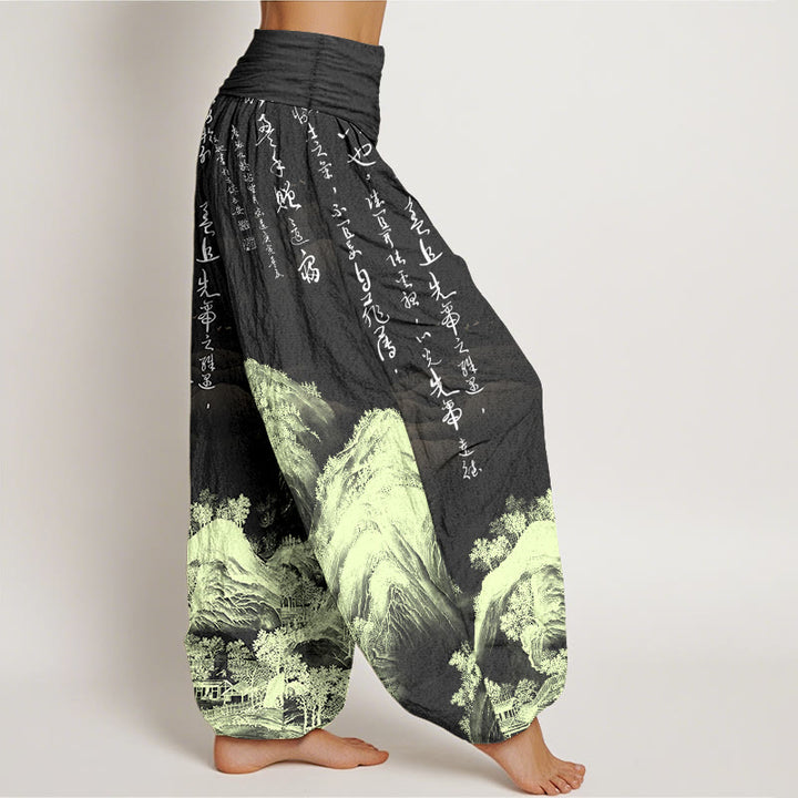 Pantaloni harem da donna con elastico in vita, in puro Buddha Stones, con calligrafia cinese e pittura di paesaggio - image 7