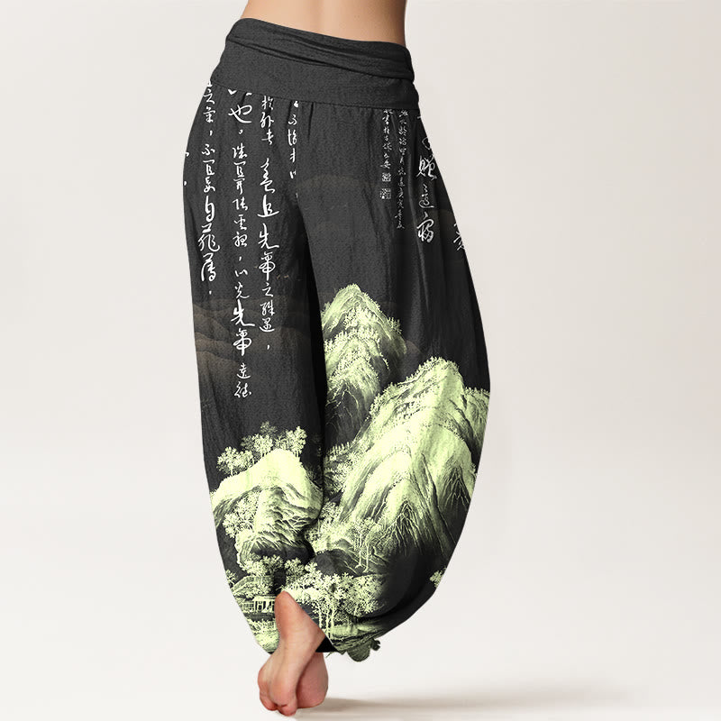Pantaloni harem da donna con elastico in vita, in puro Buddha Stones, con calligrafia cinese e pittura di paesaggio - image 6