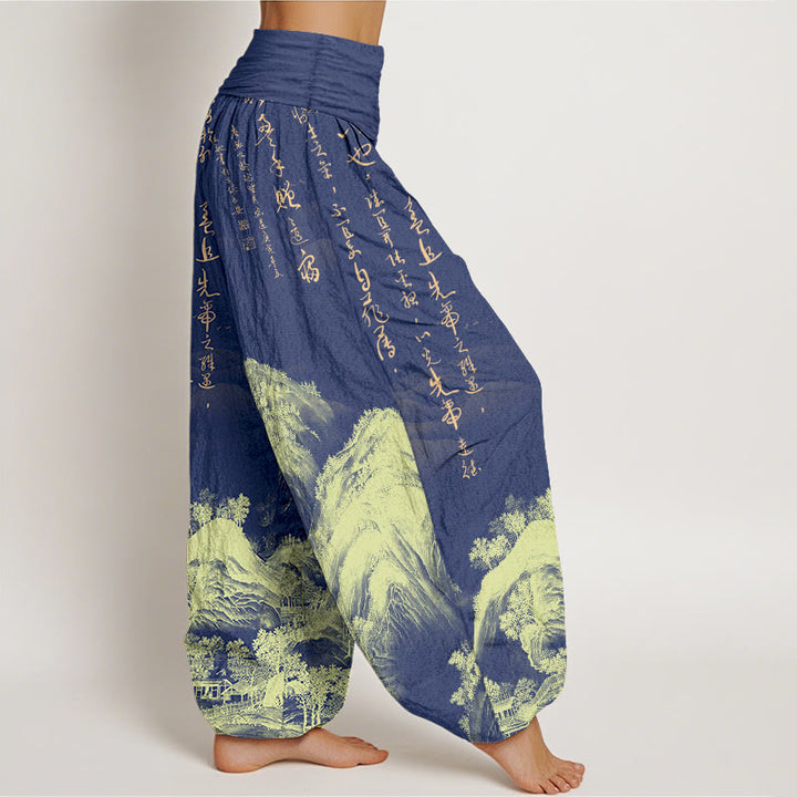 Pantaloni harem da donna con elastico in vita, in puro Buddha Stones, con calligrafia cinese e pittura di paesaggio - image 10