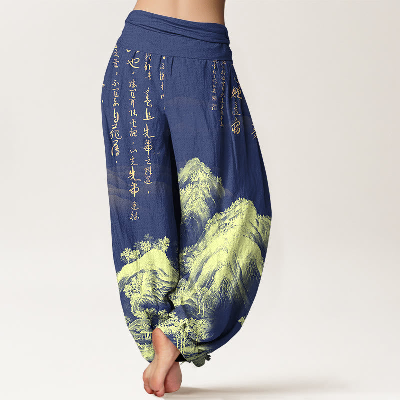 Pantaloni harem da donna con elastico in vita, in puro Buddha Stones, con calligrafia cinese e pittura di paesaggio - image 9