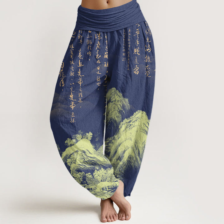 Pantaloni harem da donna con elastico in vita, in puro Buddha Stones, con calligrafia cinese e pittura di paesaggio - Blu scuro - US16, UK/AU20, EU48 (3XL) - image 8