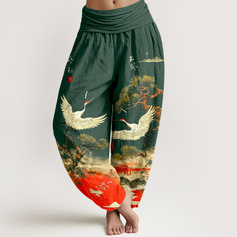 Pantaloni harem da donna con elastico in vita, in puro cotone, con motivo a gru e pino, modello Buddha Stones - Verde scuro - US16, UK/AU20, EU48 (3XL) - image 0