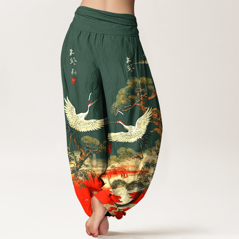 Pantaloni harem da donna con elastico in vita, in puro cotone, con motivo a gru e pino, modello Buddha Stones - image 1