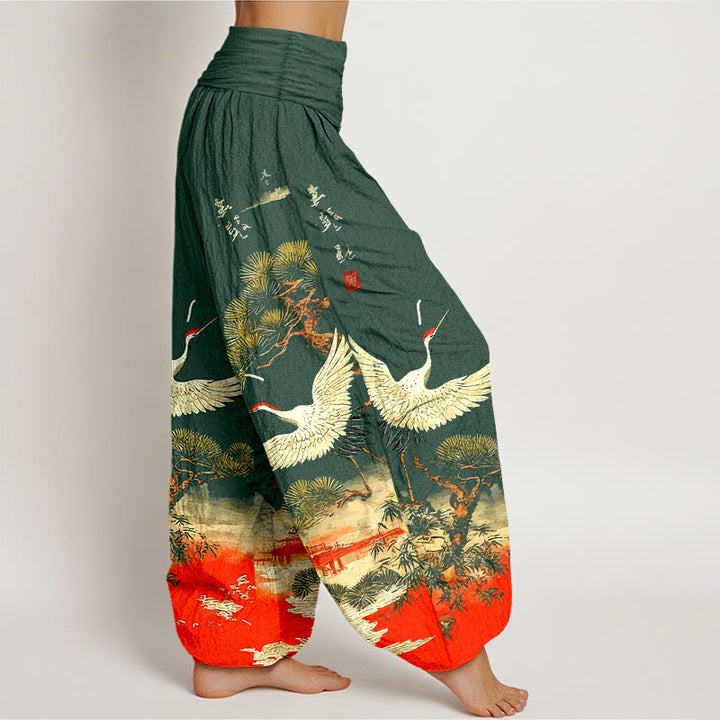 Pantaloni harem da donna con elastico in vita, in puro cotone, con motivo a gru e pino, modello Buddha Stones - image 2