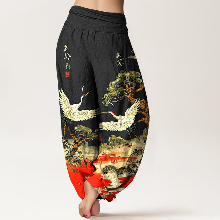 Pantaloni harem da donna con elastico in vita, in puro cotone, con motivo a gru e pino, modello Buddha Stones - image 6