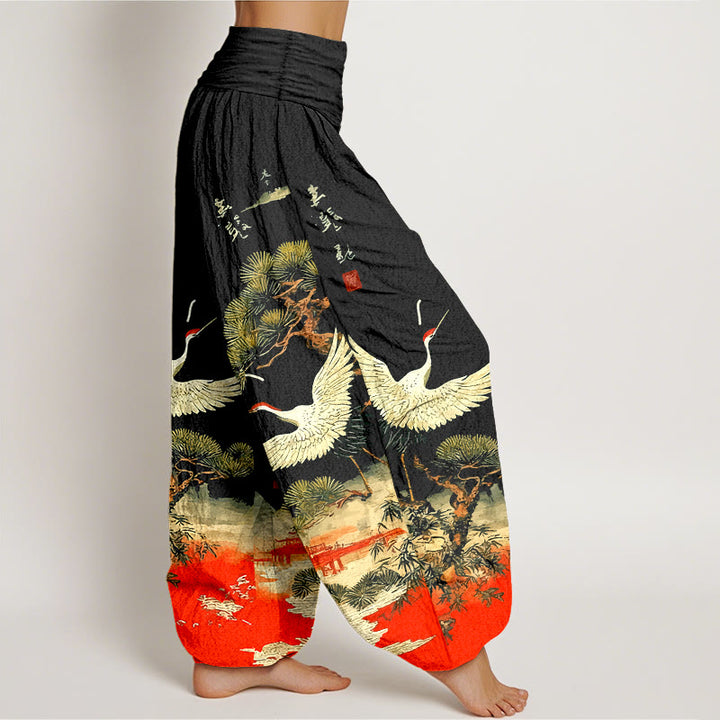 Pantaloni harem da donna con elastico in vita, in puro cotone, con motivo a gru e pino, modello Buddha Stones - image 7