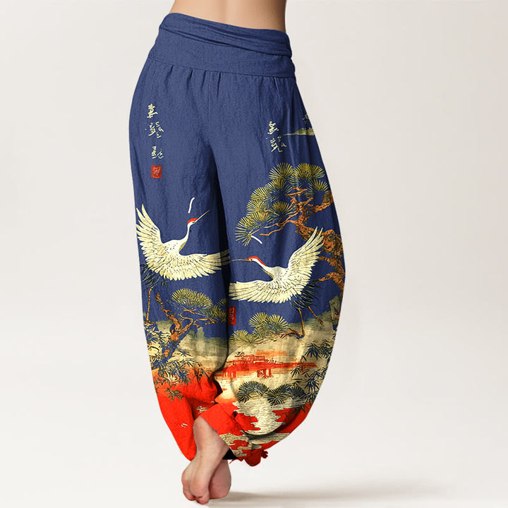 Pantaloni harem da donna con elastico in vita, in puro cotone, con motivo a gru e pino, modello Buddha Stones - image 9