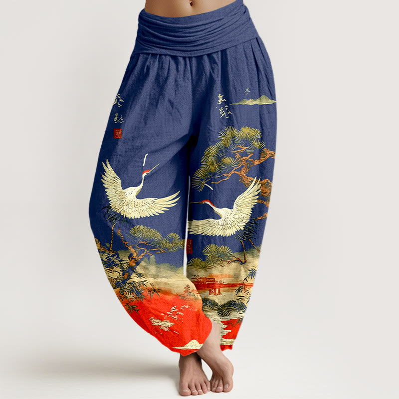 Pantaloni harem da donna con elastico in vita, in puro cotone, con motivo a gru e pino, modello Buddha Stones - Marina - US16, UK/AU20, EU48 (3XL) - image 8