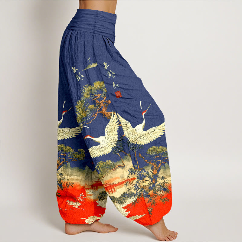 Pantaloni harem da donna con elastico in vita, in puro cotone, con motivo a gru e pino, modello Buddha Stones - image 10