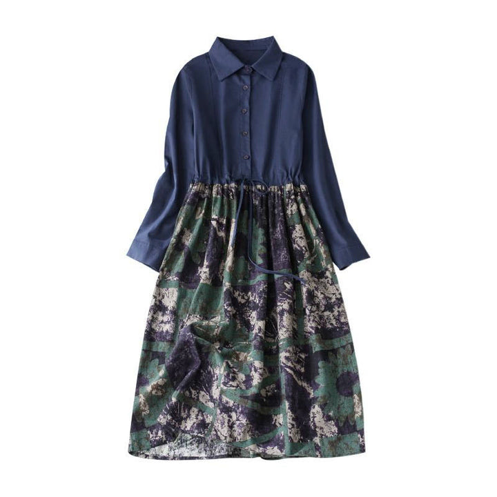 Abito midi in lino con maniche lunghe, coulisse, tasche e stampa patchwork autunnale Buddha Stones - image 9