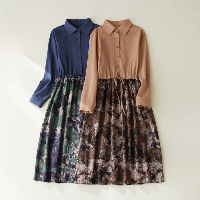 Abito midi in lino con maniche lunghe, coulisse, tasche e stampa patchwork autunnale Buddha Stones - image 0