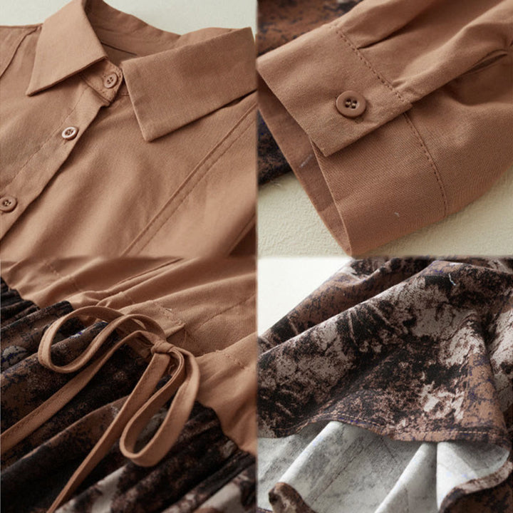 Abito midi in lino con maniche lunghe, coulisse, tasche e stampa patchwork autunnale Buddha Stones - image 13