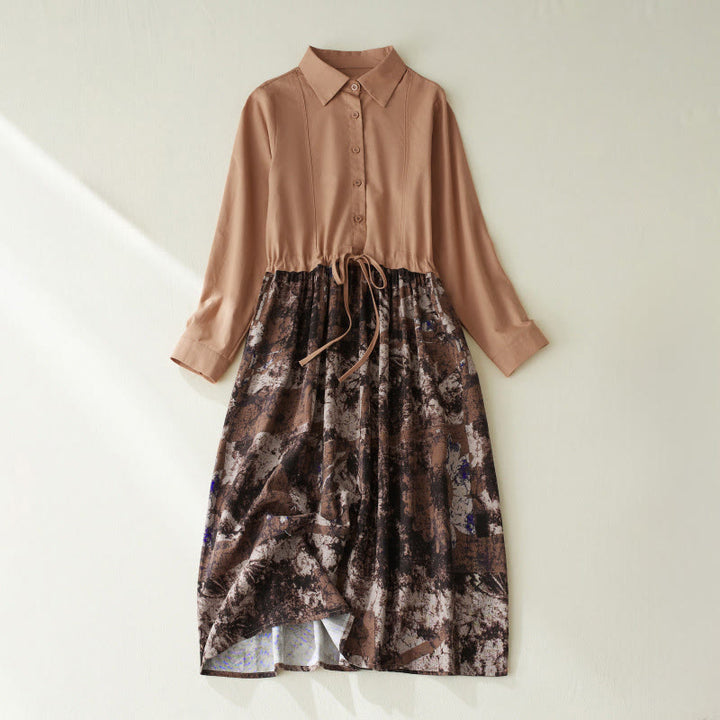 Abito midi in lino con maniche lunghe, coulisse, tasche e stampa patchwork autunnale Buddha Stones - SandyBrown - US8-10, UK/AU12-14, EU40-42 (2XL) - image 11