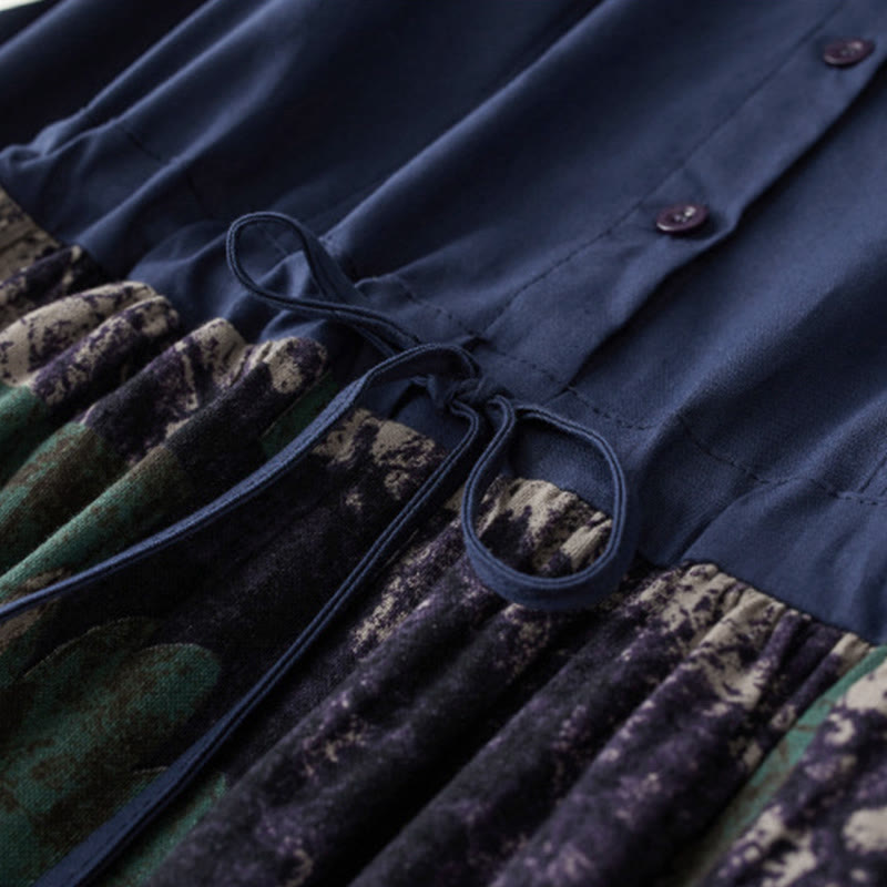 Abito midi in lino con maniche lunghe, coulisse, tasche e stampa patchwork autunnale Buddha Stones - image 4